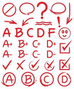 collection of design elements red circle markers grade results ticks